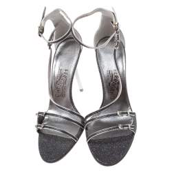 Salvatore Ferragamo Grey/Silver Glitter Lizard Buckle Detail Open Toe Sandals Size 39