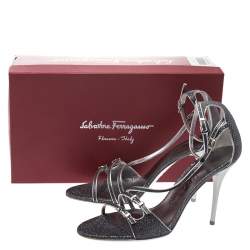 Salvatore Ferragamo Grey/Silver Glitter Lizard Buckle Detail Open Toe Sandals Size 39