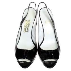 Pre Owned صندل سالفاتوري فيراغامو جلد أسود لامع مقدمة مفتوحة بحزام للكاحل مقاس 41