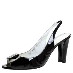 Pre Owned صندل سالفاتوري فيراغامو جلد أسود لامع مقدمة مفتوحة بحزام للكاحل مقاس 41