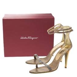 Salvatore Ferragamo Gold Snakeskin Tirosana Ankle Strap Sandals Size 40.5