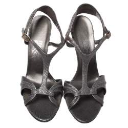 Pre Owned صندل سالفاتوري فيراغامو "ليندا" جلد ثعبان بارز رصاصي ميتاليك مقاس 40.5