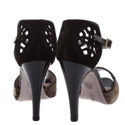مملوكة مسبقًا Salvatore Ferragamo Brown Cut Out Suede And Velvet Rarete Ankle Strap Sandals Size 41