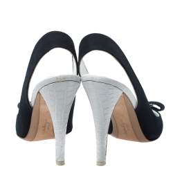 Salvatore Ferragamo Navy Blue Canvas and Croc Embossed Leather Vara Bow Slingback Sandals Size 40.5