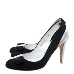 Salvatore Ferragamo Navy Blue Canvas and Croc Embossed Leather Vara Bow Slingback Sandals Size 40.5
