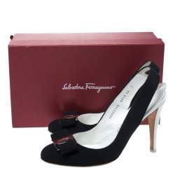 Salvatore Ferragamo Navy Blue Canvas and Croc Embossed Leather Vara Bow Slingback Sandals Size 40.5