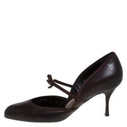 Salvatore Ferragamo Brown Leather And Grosgrain Trim Bow Round Toe Pumps Size 36.5