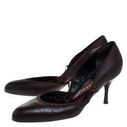 Salvatore Ferragamo Brown Leather And Grosgrain Trim Bow Round Toe Pumps Size 36.5