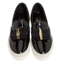 Pre Owned Salvatore Ferragamo Black Patent Leather Bow Slip On Sneakers Size 36.5