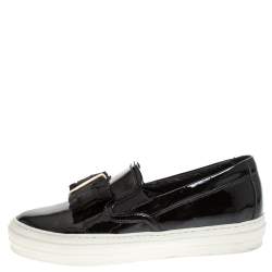 Pre Owned Salvatore Ferragamo Black Patent Leather Bow Slip On Sneakers Size 36.5