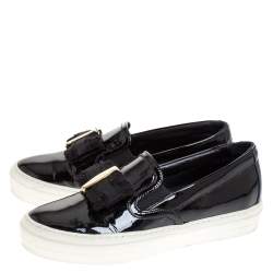 Pre Owned Salvatore Ferragamo Black Patent Leather Bow Slip On Sneakers Size 36.5