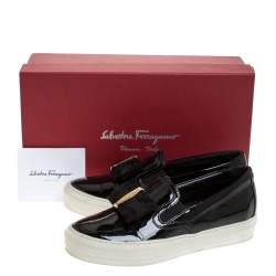 Pre Owned Salvatore Ferragamo Black Patent Leather Bow Slip On Sneakers Size 36.5