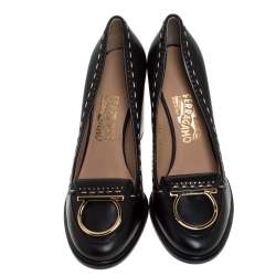 Pre Owned Salvatore Ferragamo Black Leather Fele Gancio Detail Block Heel Loafer Pumps Size 40.5