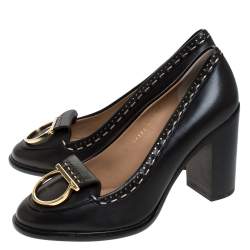 Pre Owned Salvatore Ferragamo Black Leather Fele Gancio Detail Block Heel Loafer Pumps Size 40.5