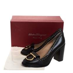 Pre Owned Salvatore Ferragamo Black Leather Fele Gancio Detail Block Heel Loafer Pumps Size 40.5