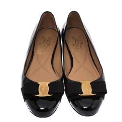 Pre Owned Salvatore Ferragamo Black Patent Leather Vara Bow Ballet Flats Size 36
