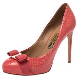 Pre Owned Salvatore Ferragamo Pink Python Embossed Leather Carla Vara Bow Pumps Size 39