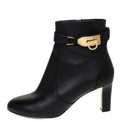 Pre Owned Salvatore Ferragamo Black Leather Gancini Lock Ankle Boots Size 38.5