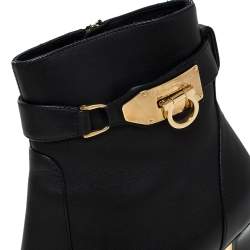 Pre Owned Salvatore Ferragamo Black Leather Gancini Lock Ankle Boots Size 38.5
