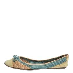 Salvatore Ferragamo Tricolor Raffia And Nubuck Leather Bow Ballet Flats Size 38.5