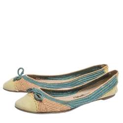 Salvatore Ferragamo Tricolor Raffia And Nubuck Leather Bow Ballet Flats Size 38.5