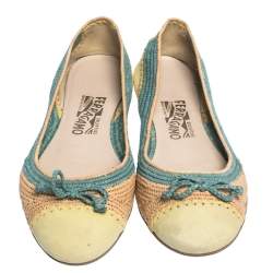 Salvatore Ferragamo Tricolor Raffia And Nubuck Leather Bow Ballet Flats Size 38.5
