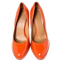 Salvatore Ferragamo Orange Patent Leather Wedge Platform Pumps Size 38.5