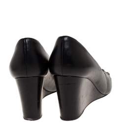 Salvatore Ferragamo Black Leather Nana Chain Cap Toe Wedge Pumps Size 37