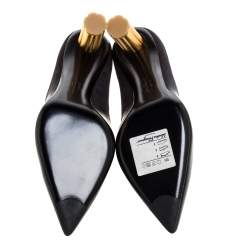 Pre Owned Salvatore Ferragamo Black Suede and Patent Leather Golden Heels Pointed Toe Pumps Size 38.5