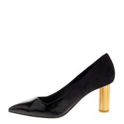 Pre Owned Salvatore Ferragamo Black Suede and Patent Leather Golden Heels Pointed Toe Pumps Size 38.5