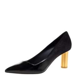 Pre Owned Salvatore Ferragamo Black Suede and Patent Leather Golden Heels Pointed Toe Pumps Size 38.5