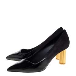Pre Owned Salvatore Ferragamo Black Suede and Patent Leather Golden Heels Pointed Toe Pumps Size 38.5