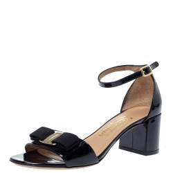 Salvatore Ferragamo Black Patent Vara Bow Ankle Strap Sandals Size 37