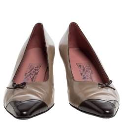 Salvatore Ferragamo Beige/Brown Leather Bow Detail Pumps Size 39.5