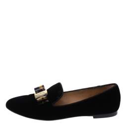 Salvatore Ferragamo Black Velvet Bow Detail Smoking Slippers Size 37.5