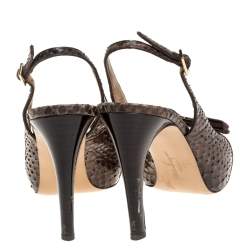 Pre Owned Salvatore Ferragamo Brown Python Bow Peep Toe Slingback Sandals Size 36.5