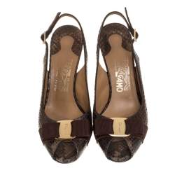 Pre Owned Salvatore Ferragamo Brown Python Bow Peep Toe Slingback Sandals Size 36.5