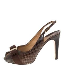 Pre Owned Salvatore Ferragamo Brown Python Bow Peep Toe Slingback Sandals Size 36.5