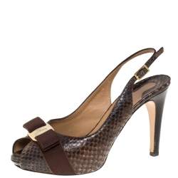 Pre Owned Salvatore Ferragamo Brown Python Bow Peep Toe Slingback Sandals Size 36.5