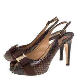 Pre Owned Salvatore Ferragamo Brown Python Bow Peep Toe Slingback Sandals Size 36.5