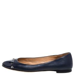 Salvatore Ferragamo Navy Blue Leather Pim Chain Ballet Flats Size 38