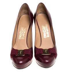 Pre Owned حذاء كعب عالي سالفاتوري فيراغامو كعب روكي فيونكة فارا جلد بني محمر مقاس 40