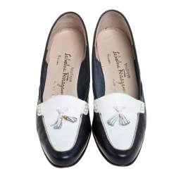 Pre Owned Salvatore Ferragamo Black Leather Fringe Bow Detail Loafers Pumps Size 39.5
