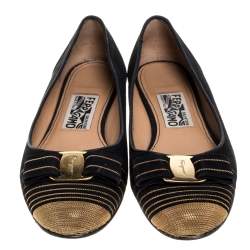 Pre Owned حذاء باليريرينا فلات سالفاتوري فيراغامو سويدي أسود بفيونكة مقاس 37