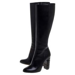 Pre Owned Salvatore Ferragamo Black Leather Leon Knee Length Boots Size 38.5