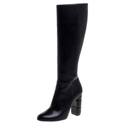 Pre Owned Salvatore Ferragamo Black Leather Leon Knee Length Boots Size 38.5