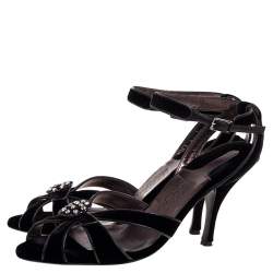 Salvatore Ferragamo Black Velvet Embellished Strappy Sandals Size 40.5