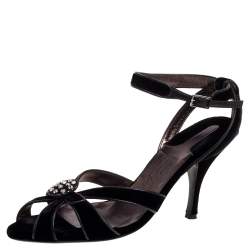 Salvatore Ferragamo Black Velvet Embellished Strappy Sandals Size 40.5
