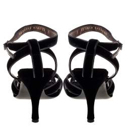 Salvatore Ferragamo Black Velvet Embellished Strappy Sandals Size 40.5