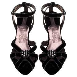 Salvatore Ferragamo Black Velvet Embellished Strappy Sandals Size 40.5